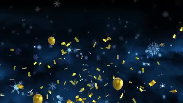 Animation Konfetti Faller Snöflingor Och Guld Ballonger Flyger Svart Bakgrund — Stockvideo