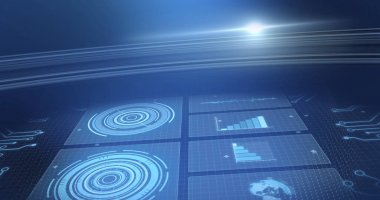 Parlak mavi arkaplan üzerindeki ekranlarda görüntülenen istatistik kayıtları ve dürbünleri. dijital arayüz, küresel bağlantı ve dijital olarak oluşturulmuş görüntü konsepti.