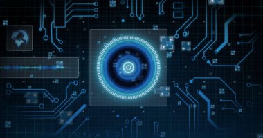 Ekranda devre kartı elemanlarıyla birlikte tarama ve veri işleme alanının görüntüsü. dijital arayüz, küresel bağlantı ve dijital olarak oluşturulmuş görüntü konsepti.