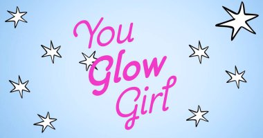 Mavi arka planda kız güç metninin kompozisyonu. Kız gücü, pozitif kadın gücü ve dijital olarak oluşturulan bağımsızlık kavramı.