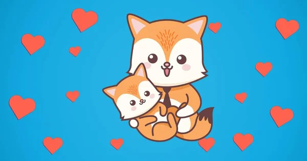 狐狸家族的组成包含在蓝色背景的心形图标之上 快乐的家庭 爱和支持的概念数码生成的形象 — 图库照片