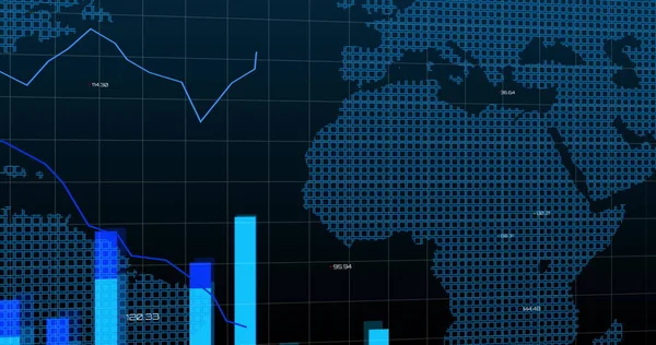 Image of blue statistic line, charts and graphs recording and processing over a grid with world map on digital display. Global finances and statistics concept digitally generated image.