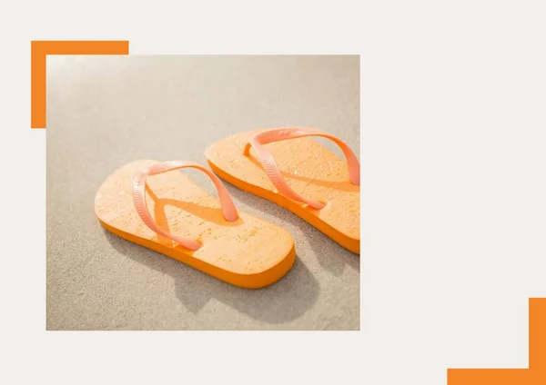 Photograph Orange Flip Flops Beach Grey Background Summer Holiday Vacation — Stock Photo, Image