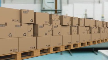 Depodaki taşıma bandındaki karton kutuların animasyonu. küresel sevkiyat, dağıtım ve bağlantılar konsepti dijital olarak oluşturulmuş video.