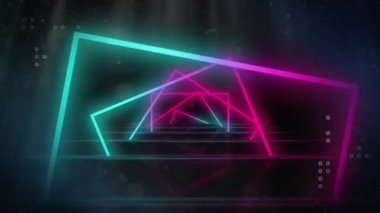 Siyah zemin üzerinde dönen mavi ve pembe neon kareli beyaz haçların ve noktaların animasyonu. küresel iletişim ağı ve dijital arayüz arkaplan kavramı dijital olarak oluşturulmuş video.