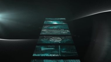 Paralel beyaz kıvrımlı çizgilerin animasyonu, arayüz ekranlarının kademeli olarak veri işleme üzerinde hareket ediyor. küresel iletişim ağı ve dijital arayüz arkaplan kavramı dijital olarak oluşturulmuş video.