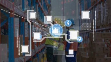 Depoda çalışan adamlar üzerindeki bağlantı ağının animasyonu. küresel gönderim, bağlantılar ve veri işleme konsepti dijital olarak oluşturulmuş video.