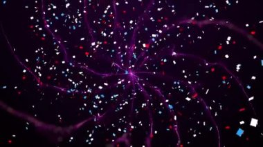 Siyah arka planda mor dijital dalgaların üzerine düşen konfetilerin dijital animasyonu. doku ve tasarım ile teknoloji arkaplanı