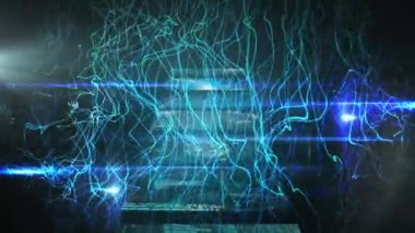 Dijital veri işleme ile ekranların üzerinde hareket eden parlak bağlantıların animasyonu. dijital arayüz, bağlantılar, ışık ve hareket konsepti dijital olarak oluşturulmuş video.