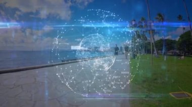 Plajda koşan zinde bir adamın veri işleme animasyonu. spor ve yarışma konsepti dijital olarak oluşturulmuş video.