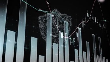 Çevrimiçi güvenlik kalkanının animasyonu, istatistikler, veri işleme ekranda. küresel veri işleme, dijital arayüz ve dijital olarak oluşturulmuş video konsepti.