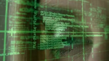 Şebeke ve kadının yüzü üzerinde veri işleme animasyonu. küresel veri işleme, dijital arayüz ve dijital olarak oluşturulmuş video konsepti.