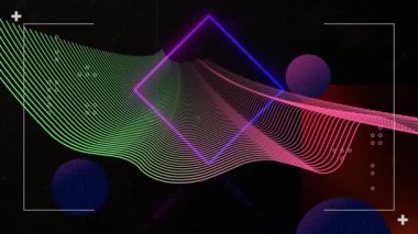 Mor ve mavi neon elmasların renkli kıvrımlı çizgileri ve siyah üzerine mor küreler. küresel iletişim ve dijital arayüz konsepti dijital olarak oluşturulmuş video.