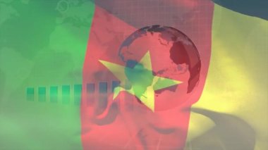 Kamerun dalgalanması bayrağı üzerinde istatistiklerin ve dünyanın animasyonu. küresel veri işleme ve vatanseverlik kavramı dijital olarak oluşturulmuş video.