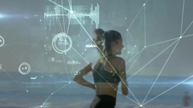 Bağlantılar ağının animasyonu ve koşan kadın hakkında veri işleme. global spor, fitness, sağlıklı yaşam tarzı ve dijital olarak üretilen veri işleme konsepti.