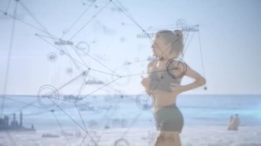 Bağlantılar ağının animasyonu ve koşan kadın hakkında veri işleme. global spor, fitness, sağlıklı yaşam tarzı ve dijital olarak üretilen veri işleme konsepti.