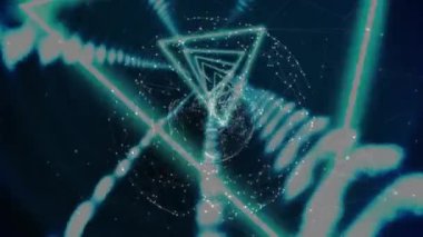 Küre animasyonu, parlak ışık sıraları ve bağlantı ağlarıyla neon üçgenler. küresel bağlantılar, dijital arayüz ve teknoloji konsepti dijital olarak oluşturulmuş video.