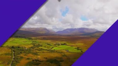 Mor dikdörtgenlerin güzel kırsal bölgelerde ve mavi gökyüzünde hareket edişinin canlandırması. küresel iletişim, doğa ve dijital arayüz kavramı, dijital olarak oluşturulmuş video.