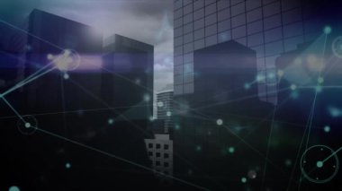 Şehir manzarası ve bağlantı ağının animasyonu. küresel bağlantılar, dijital arayüz ve teknoloji konsepti dijital olarak oluşturulmuş video.