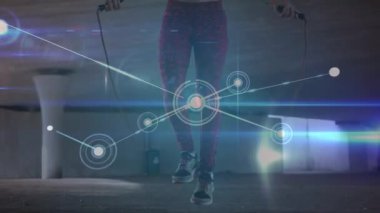 İp atlayarak atlayan kadın üzerindeki bağlantı ağlarının animasyonu. global spor, bağlantılar, dijital arayüz, veri işleme konsepti dijital olarak oluşturulmuş video.