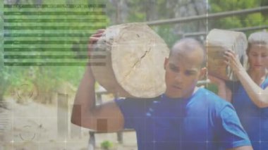 Engel parkurundaki bir grup kadın ve erkeğin veri işleme çalışmalarının animasyonu. spor ve yarışma konsepti dijital olarak oluşturulmuş video.