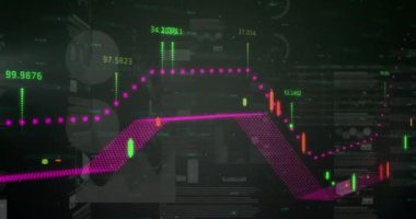 Finansal veri işleme ve istatistik kaydının animasyonu. küresel finansman, iş dünyası, dijital arayüz ve teknoloji konsepti dijital olarak oluşturulmuş video.