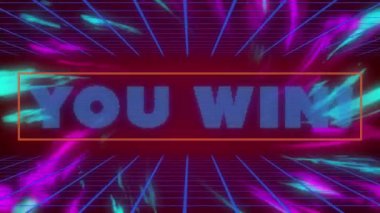 Mavi ızgara üzerinde kazandığınız metin animasyonu ve siyah üzerine parlayan mavi ve mor ışıklar. Video oyunu, bağlantılar ve dijital olarak oluşturulmuş eğlence konsepti.