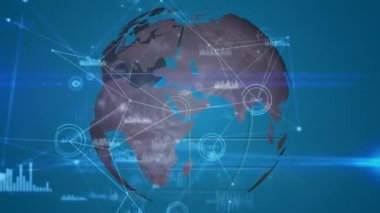 İstatistiklere ve bağlantı ağına sahip dünyanın animasyonu. küresel iş, bağlantılar ve veri işleme kavramı dijital olarak oluşturulmuş video.