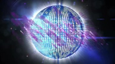 Sahne ışıkları ve grafik müzik eşitleyicili disko topunun animasyonu. parti, müzik ve eğlence konsepti dijital olarak oluşturulmuş video.