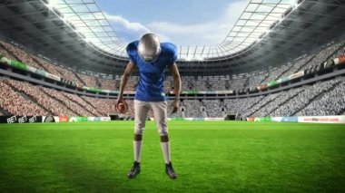 Amerikan futbolcusunun spor stadyumu üzerindeki animasyonu. küresel spor ve yarışma konsepti dijital olarak oluşturulmuş video.