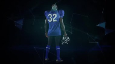 Siyah arka plandaki Amerikan futbolcusu üzerinden dünya ve bağlantı ağının animasyonu. global spor, rekabet ve bağlantılar dijital olarak oluşturulmuş video konsepti.