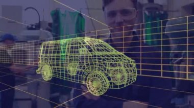 Gözlüklü adamın üzerine 3D araba çizimi animasyonu. global otomobil endüstrisi, mühendislik, bağlantılar ve teknoloji konsepti dijital olarak üretilen video.