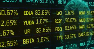 Dünya çapında finansal veri işleme animasyonu. küresel finansman, iş dünyası, dijital arayüz ve teknoloji konsepti dijital olarak oluşturulmuş video.