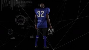 Siyah arka planda Amerikan futbolcusu üzerinden bağlantı ağının animasyonu. global spor, rekabet ve bağlantılar dijital olarak oluşturulmuş video konsepti.