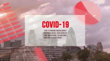 Coperid 19 veri işleme ve şehir manzarası istatistiklerinin animasyonu. küresel covid 19 salgın konsepti dijital olarak oluşturulmuş video.