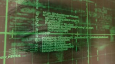 Bir kadın gözünün kapatılmasına karşı şebeke üzerinden veri işleme. siber güvenlik ve bilgisayar arayüzü teknolojisi kavramı