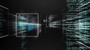 Veri işlemenin dijital animasyonu ve siyah arkaplan karşısında çoklu kare şekiller. bilgisayar arayüzü ve teknoloji kavramı