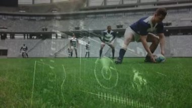 Spor stadyumundaki ragbi maçında veri işleme animasyonu. küresel spor, rekabet ve veri işleme kavramı dijital olarak oluşturulmuş video.