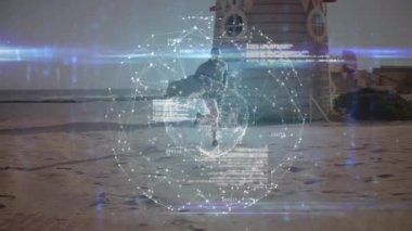 Kumsalda koşan zinde bir adamın üzerindeki dünya çapındaki bağlantıların animasyonu. spor ve yarışma konsepti dijital olarak oluşturulmuş video.