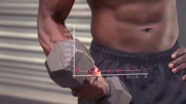 Güçlü bir adamın egzersiz yapması üzerine dijital arayüz animasyonu. global spor, fitness, sağlıklı yaşam tarzı ve dijital olarak üretilen veri işleme konsepti.