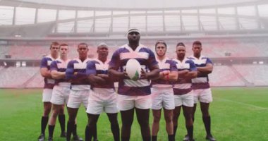 Stadyumda top tutan erkek rugby oyuncularının animasyonu. spor ve yarışma konsepti dijital olarak oluşturulmuş video.