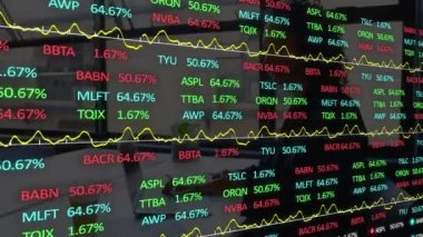 Ofisteki iş kadınıyla ilgili finansal veri işleme animasyonu. küresel iş, dijital arayüz ve teknoloji konsepti dijital olarak oluşturulmuş video.