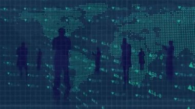 İş adamları, dünya haritası ve veri işleme istatistiklerinin animasyonu. küresel iş, veri işleme ve dijital arayüz kavramı dijital olarak oluşturulmuş video.