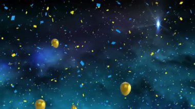 Konfetilerin düşüşü ve mavi arka planda uçan altın balonların canlandırması. parti ve kutlama konsepti dijital olarak oluşturulmuş video.