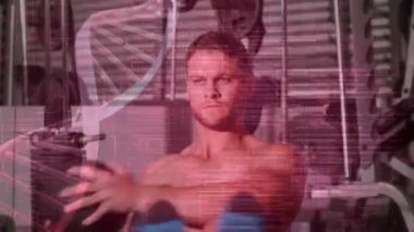 Güçlü bir adamın egzersiz yapması üzerine DNA iplikçiklerinin dönüşünün ve veri işlemesinin animasyonu. global spor, fitness, sağlıklı yaşam tarzı ve dijital olarak üretilen veri işleme konsepti.