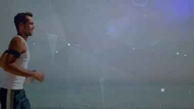 Bağlantılar ağının animasyonu ve insan koşusu üzerine veri işleme. global spor, fitness, sağlıklı yaşam tarzı ve dijital olarak üretilen veri işleme konsepti.