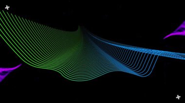 Paralel yeşil ve mavi çizgilerin üzerinde süzülen mor buharın animasyonu, siyah üzerinde hareket ediyor. küresel iletişim ağı ve dijital arayüz arkaplan kavramı dijital olarak oluşturulmuş video.