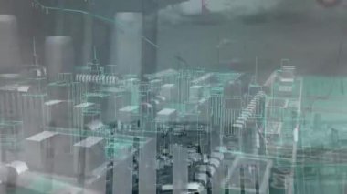 Endüstriyel şehir üzerinde dönen ve işlenen 3D şehir animasyonu. küresel mimari, kentsel gelişim ve veri işleme kavramı dijital olarak oluşturulmuş video.