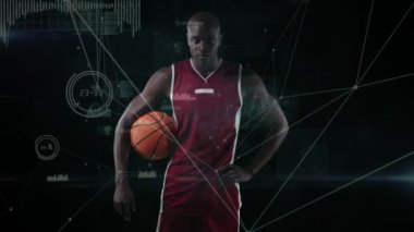 Siyah arka planda basketbol oyuncusu üzerinden bağlantı ağının animasyonu. global spor, rekabet ve bağlantılar dijital olarak oluşturulmuş video konsepti.