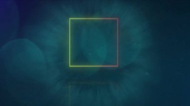 Beyaz parçacıklar üzerinde yeşil ve kırmızı neon karelerin ve siyah üzerinde hareket eden mavi bokeh ışıklarının animasyonu. küresel iletişim ağı ve dijital arayüz arkaplan kavramı dijital olarak oluşturulmuş video.